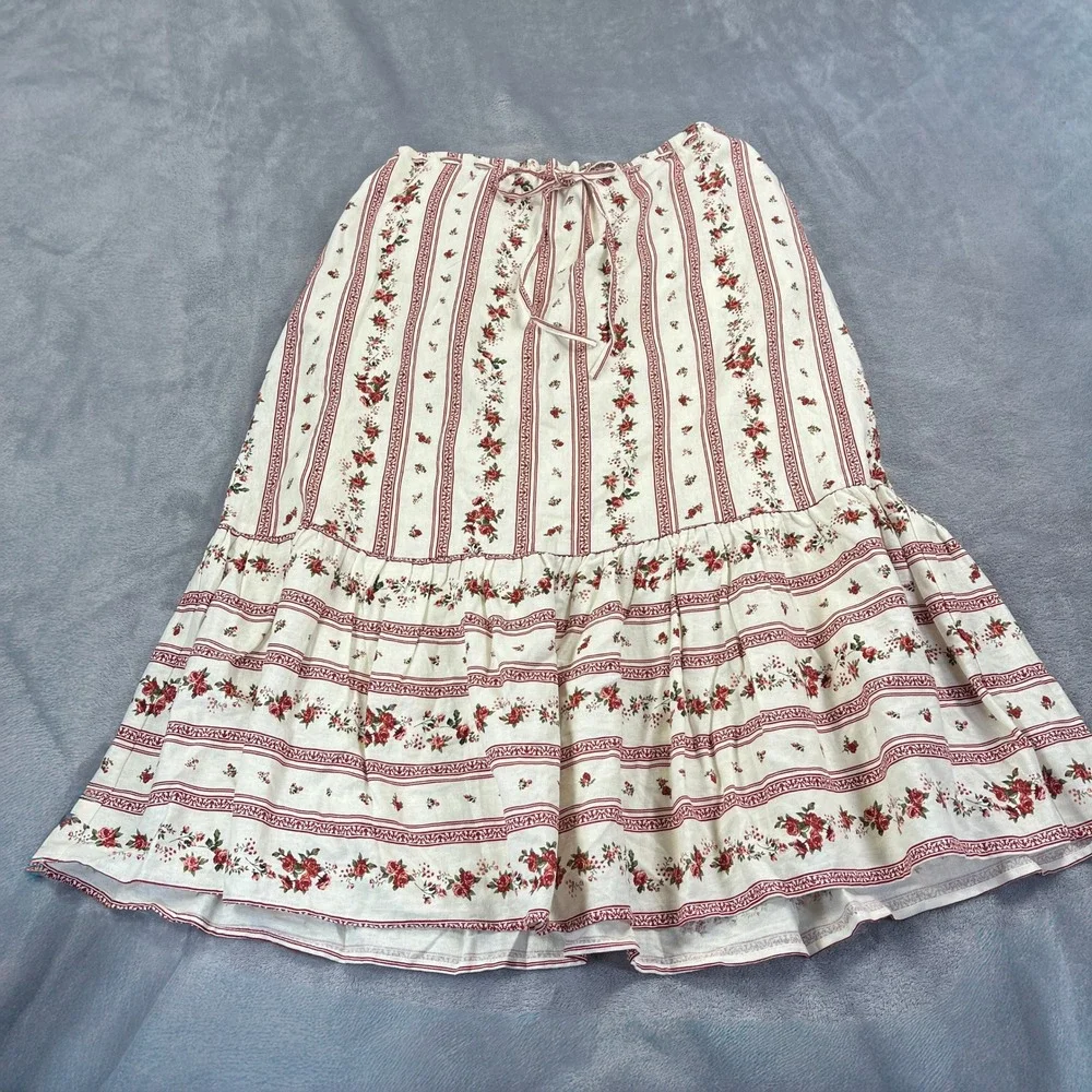 Joie Floral Tiered Midi Skirt L Cream Red Linen Boho Cottagecore Prairie Peasant - Picture 2 of 8